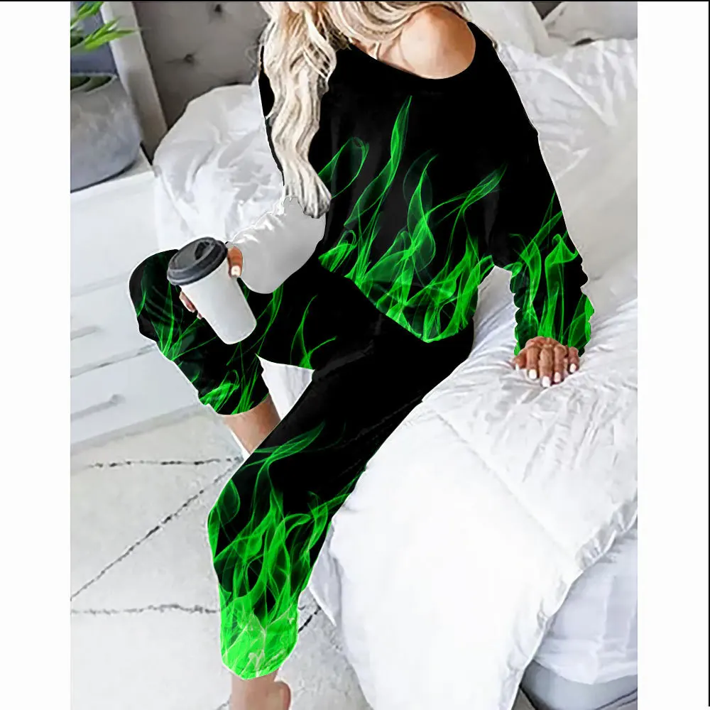 

Осенне-зимний спортивный костюм для женщин, комплект из двух предметов, спортивная одежда с принтом пламени и граффити, повседневный свитшо...
