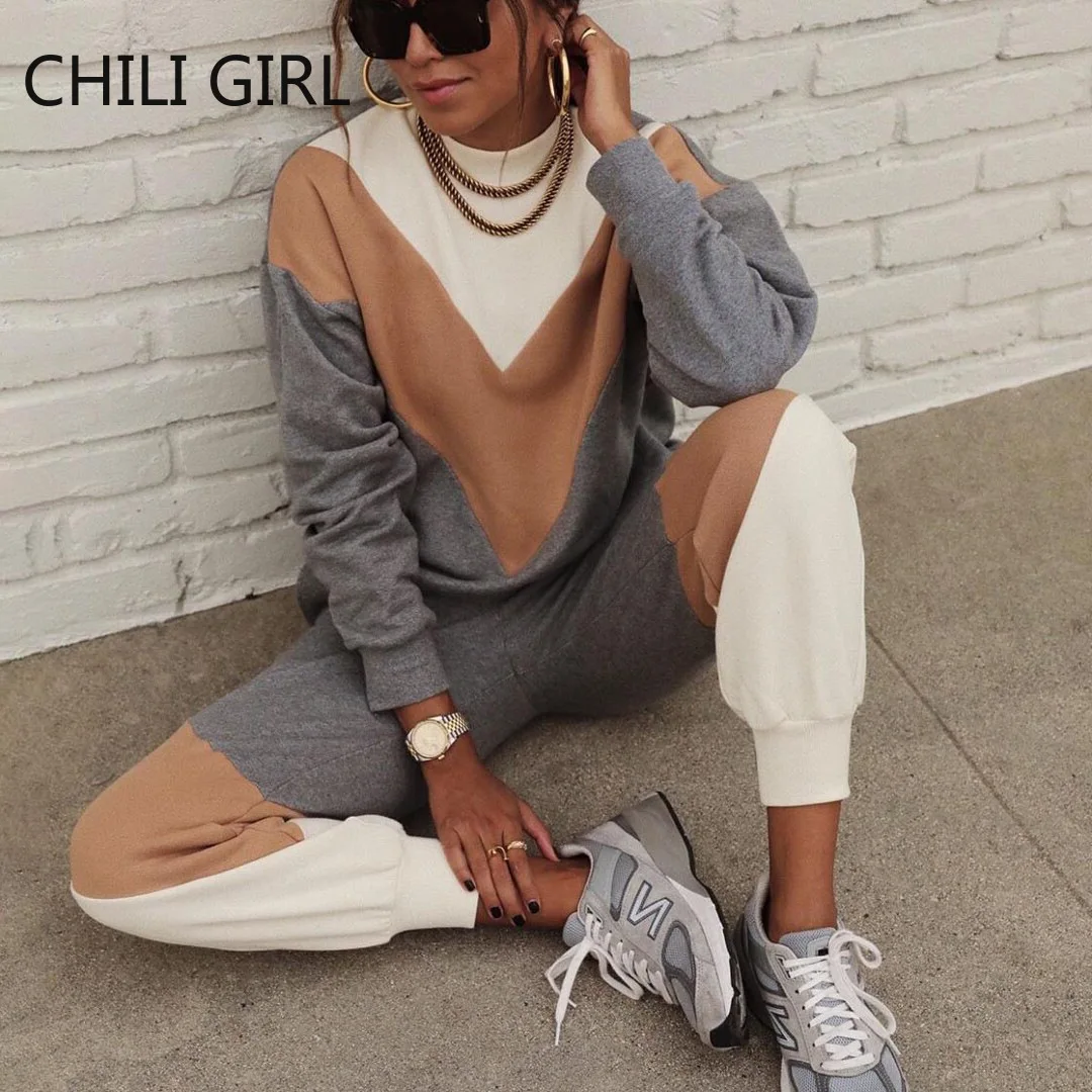 

2021 New Casual Women Sport Suits Tracksuits Fashion Splicing Print Two Piece Sets Sweatshirt Top Loose Long Pants Jogging Suits