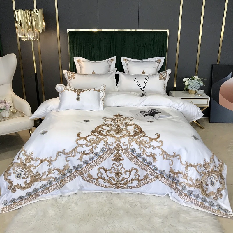 Luxury Gold Embroidery 60S Satin Cotton Bedding Set Queen King Duvet Cover Set Bed Sheet Or Fitted Sheet Pillowcase Home Textile
