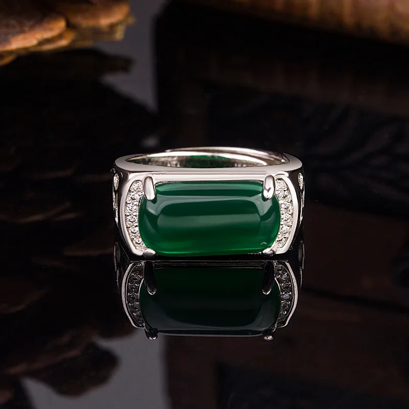 

Vintage Silver Men's Ring Emerald Jade Resizes Square Shaped Man Finger Jewelry Wedding Party Gift Korean Decor Green Male Rings