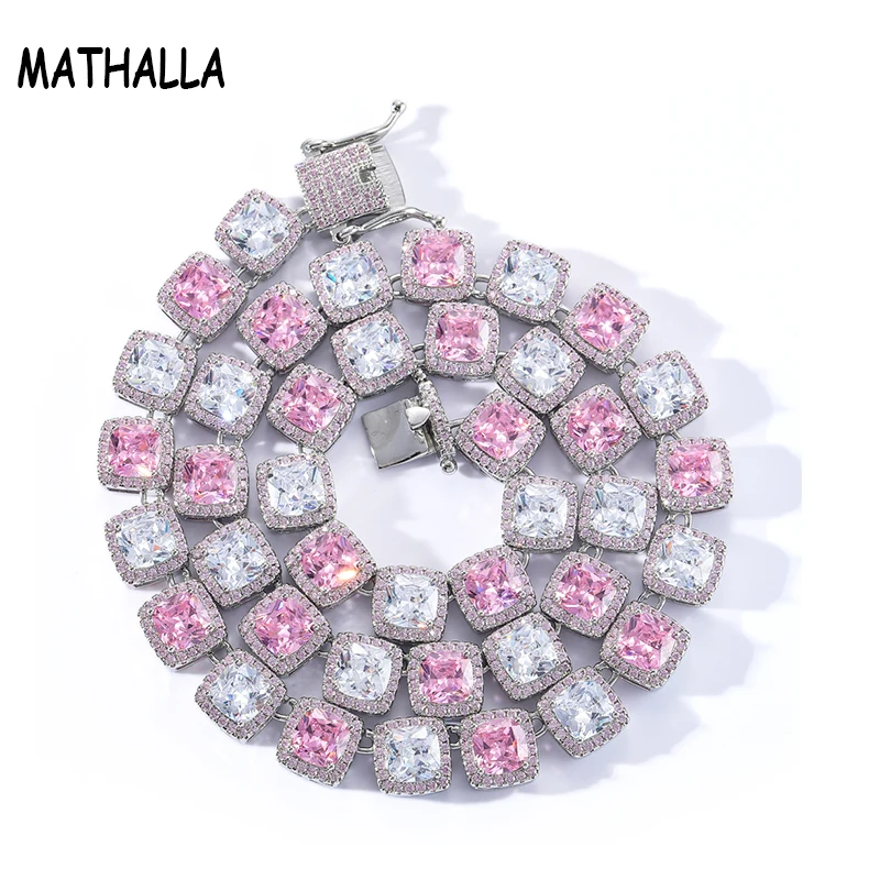 

Ювелирные изделия MATHALLA в стиле хип-хоп, 10 мм, квадратное ожерелье из розового и белого циркония, ожерелье из меди с инкрустированным квадрат...