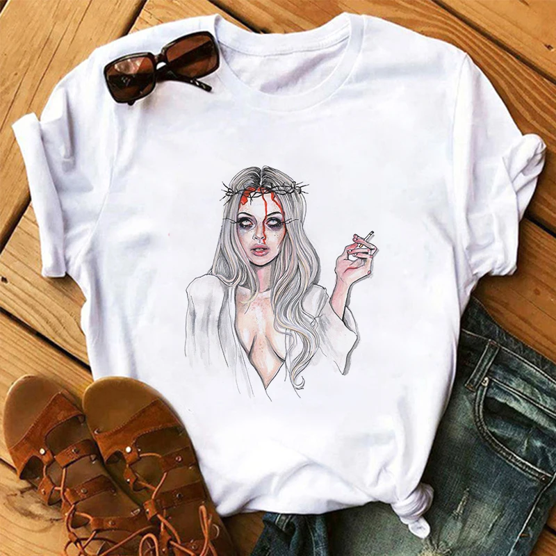

Female Sexy Tops Tee Short Sleeve Fashion T Shirt Hip Hop Clothes Women Casual Tshirt White Cartoon Demon Time Print Streetwear