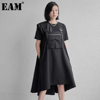 eam women black irregular pocket spliced strap midi dress new sleeveless loose fit fashion tide spring summer 2021 1de0976