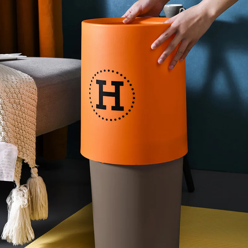 

Double Layer Nordic Round Trash Can with Flip Cover Inner Bucket Waste bin Dustbin Garbage Container Kitchen Bathroom Office