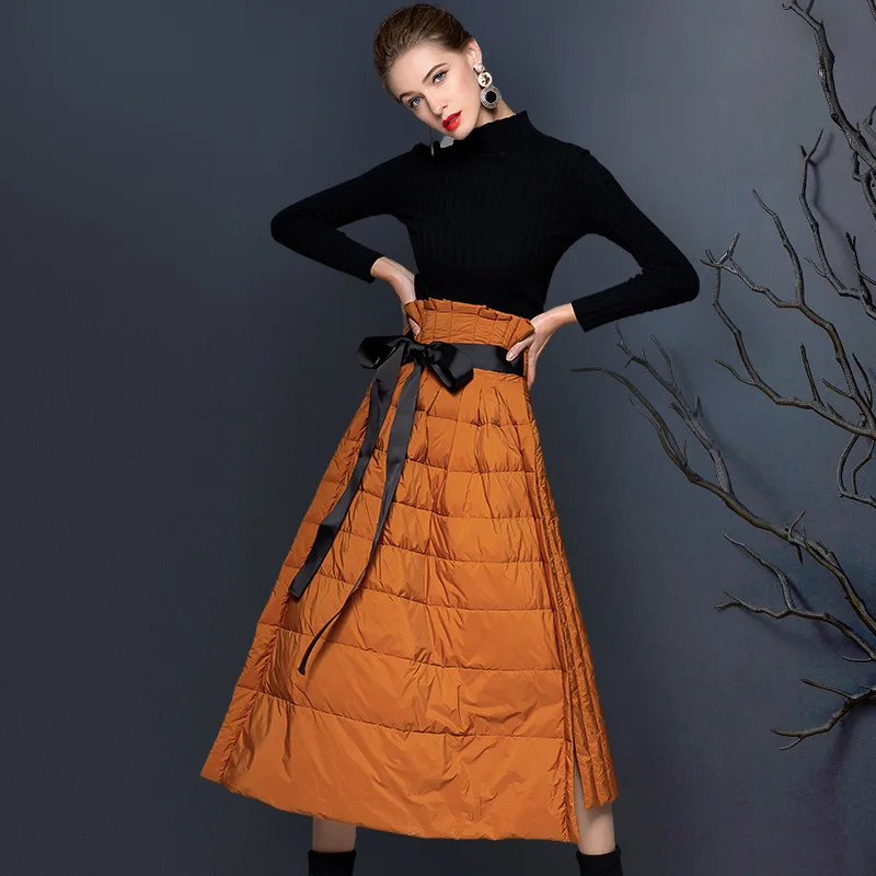 

2021 Autumn And Winter New Warm Down Skirt Solid Color Slit A-line Skirt Women's Mid-length Bow Tie Wrap Hip Cake Skirt