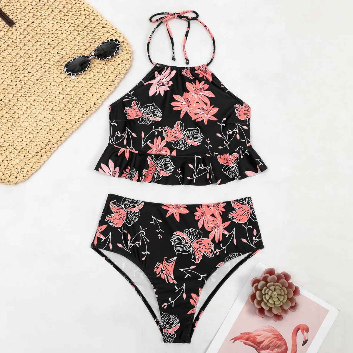 

Sexy Falbala High Neck Bikinis Women High Waist Bikini Swimwear Women Two Piece Swimsuit Push Up Biquini Bathing Suit Beach Wear