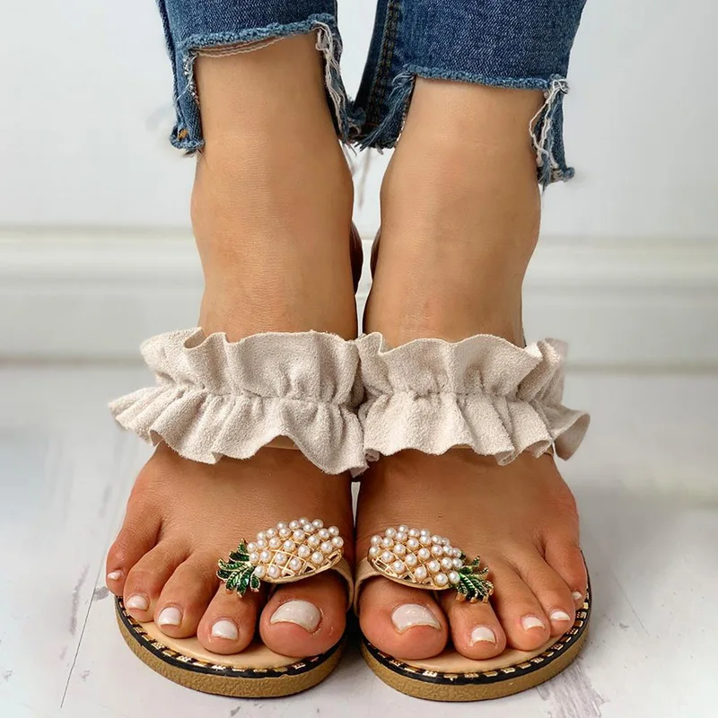 Women Slipper Pineapple Pearl Flat Toe Bohemian Casual Shoes Beach Sandals Ladies Platform Sandalias De Mujer 2020 | Обувь