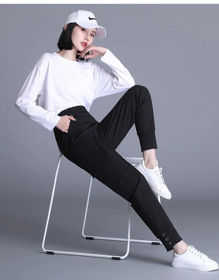 

Women Fashion Korean High Waist Black Cargo Pants Spring Summer Female Streetwear Hiphop Harem Trouser Sweatpants Plus Size 7201