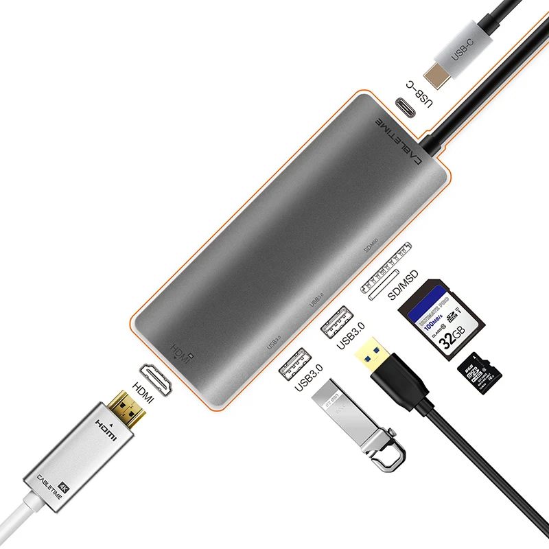 Кабель USB C концентратор HDMI 4K type-C USB 3,0 SD и Micro SD кард-ридер 5 в 1 USB-C зарядка для Galaxy S9/S8 ПК MacBook Pro N130 - Цвет: Серый