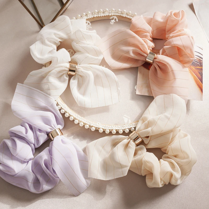 

New Style Knotted Women Hair Ties Rabbit Ears Streamers Large Intestine Ring Horsetail Metal Silver Cloth Hair Accessories