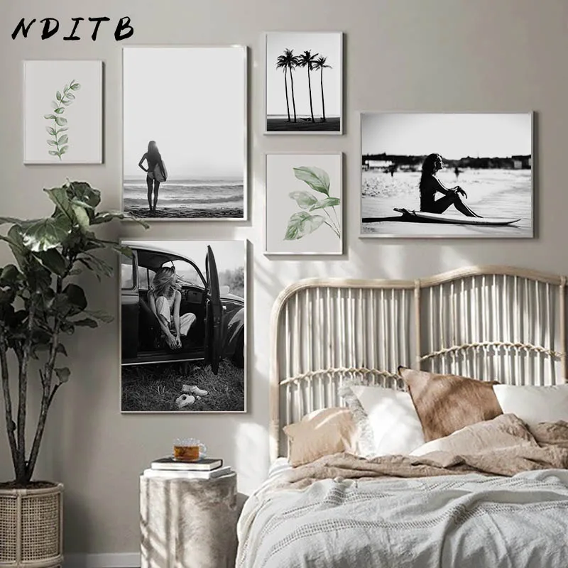 Черно-Белая настенная Картина на холсте постер морской пейзаж пляжная девушка