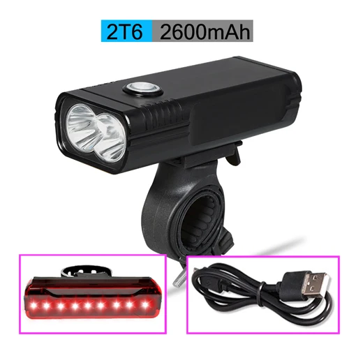 2T6 2600 with rear NEWBOLER 5200mAh Велосипедный свет дальнего света L2/T6 USB Перезаряжаемый комплект велосипедных фар Водонепроницаемая светодиодная фара power Bank Аксессуары - Цвет: 2T6 2600 with rear
