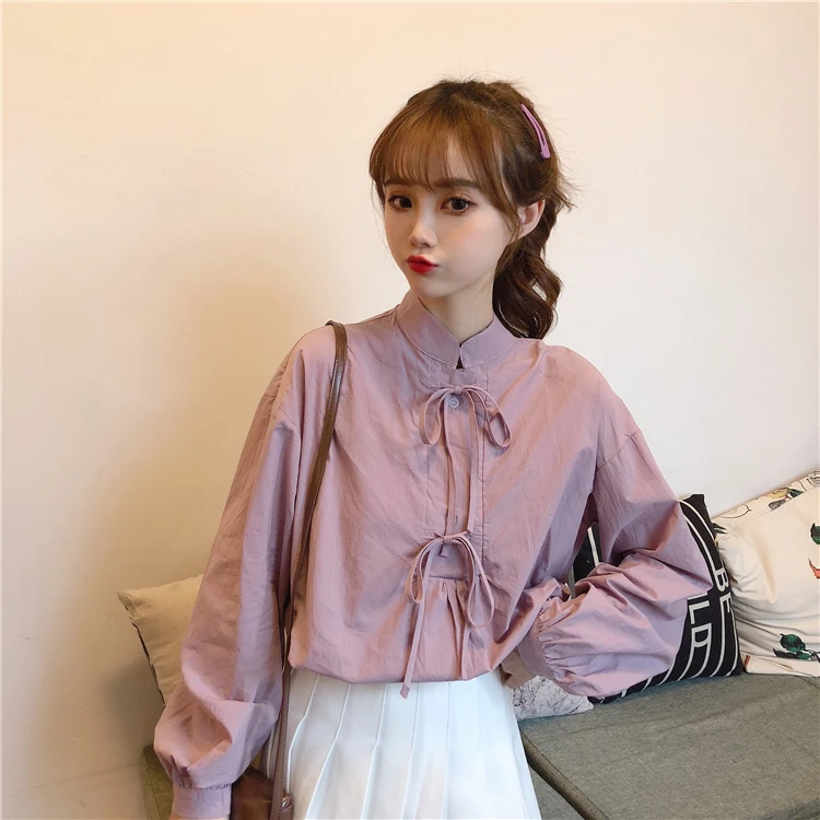 

sweet white bow stand full Spring and autumn Korean style tops high quality Women's Clothing shirts vetement femme temperament
