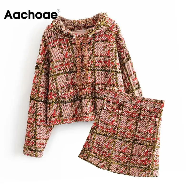 Элегантный женский комплект из двух предметов Зимний вязаный клетчатый свитер с капюшоном с шикарной юбкой трапециевидной формы мини-юбка женские костюмы