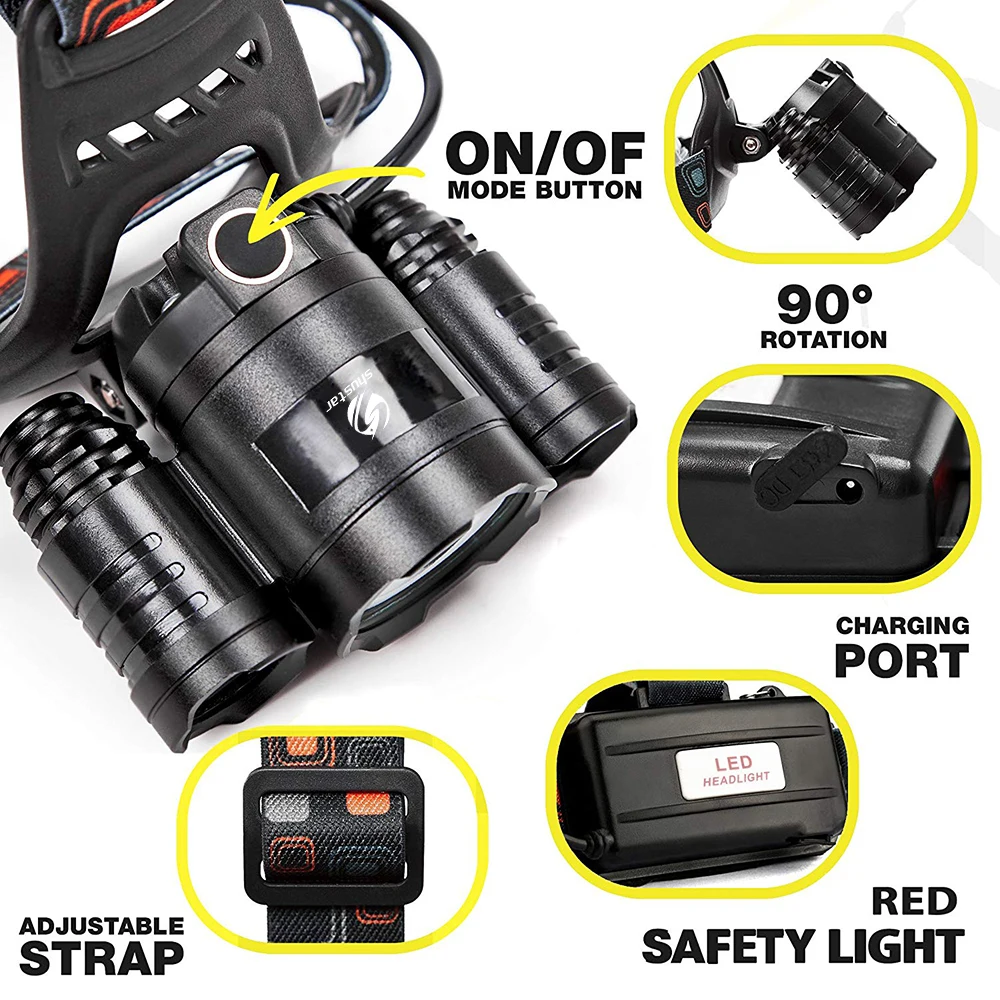 Налобный фонарь светодиодный водонепроницаемый с 3 режимами работы и 2
