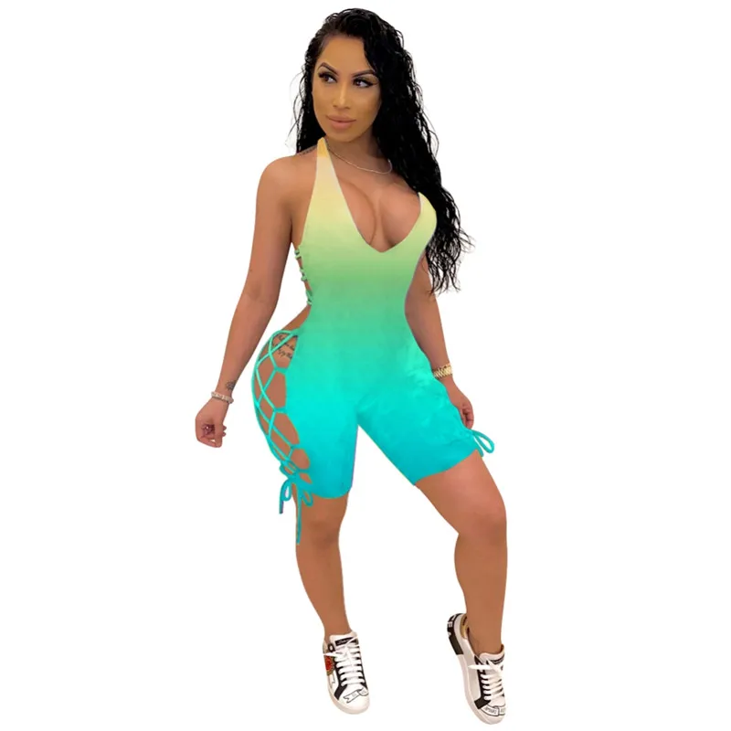 

Women V-neck Jumpsuit Sleeveless Halter Backless Playsuit Sexy Hollow Bodysuit Clubwear Tie-dye Women Backless Skinny Rompers