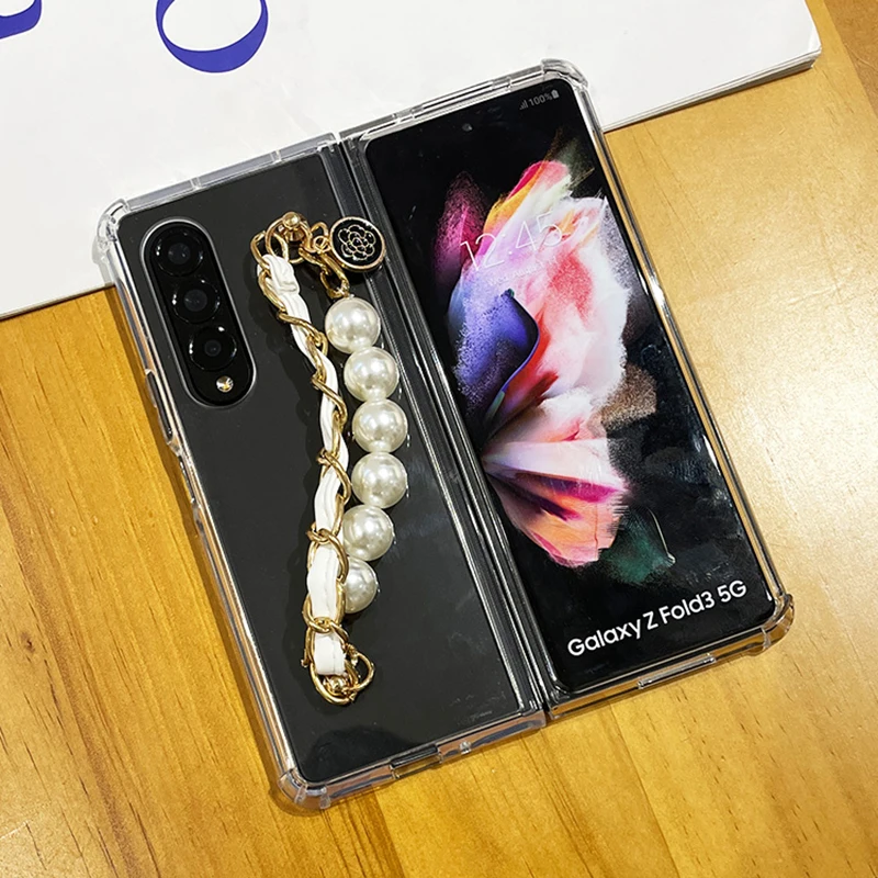 Pearl With Leather Rope Double-deck Bracelet Phone Case For Samsung Galaxy Z Fold 4 3 2 Clear TPU Shockproof Protective Cover