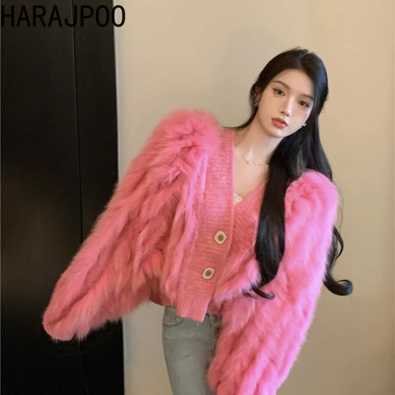 

Женский кардиган с V-образным вырезом Harajpoo, модная Корейская шикарная Милая вязаная куртка, Осень-зима 2021, новый розовый укороченный свитер, ...