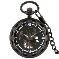 transparent skeleton roman numerals display manual mechanical pocket watch antique black fob chain pendant hand winding clock