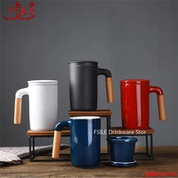 450ml fsile ceramic large capacity mug japanese style stoneware office cup with wooden handle gift mug with lid tea separation