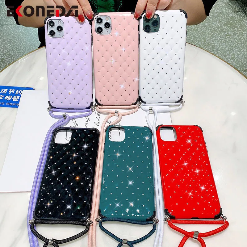

EKONEDA Bling Diamonds Case For iPhone 11 Pro XS Max X XR 7 8 Plus SE 2020 Case Shoulder Strap Soft TPU Back Cover