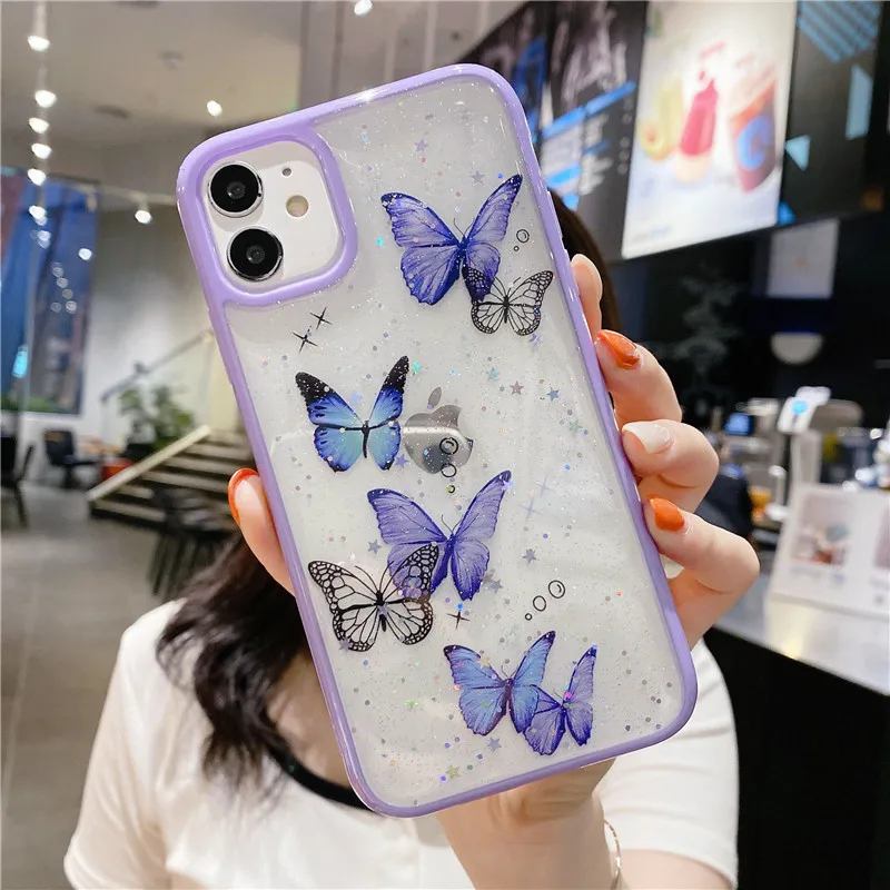 cartoon clear glitter butterfly soft shockproof phone case for iphone 12 13 11 pro max xs max xr x 6s 7 8 plus se cute shell free global shipping