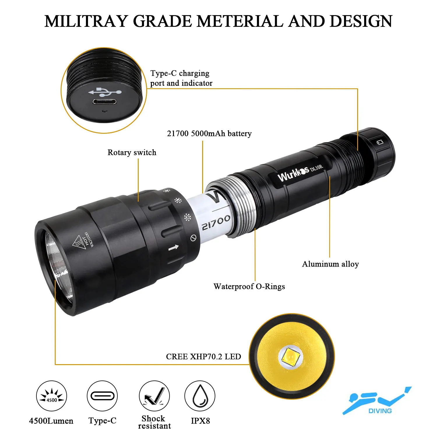 売る Wurkkos-USBおよび充電式LEDダイビングランプ,強力なライト,4500lm,xhp70.2,磁気制御,atr