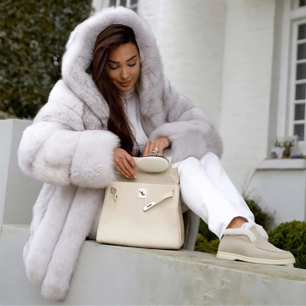 Medium Length Natural Fox Fur Coat with Hood Thick Warm Fur Overcoat Luxury Woman Genuine Full Pelt Fox Fur Jacket Casual Women