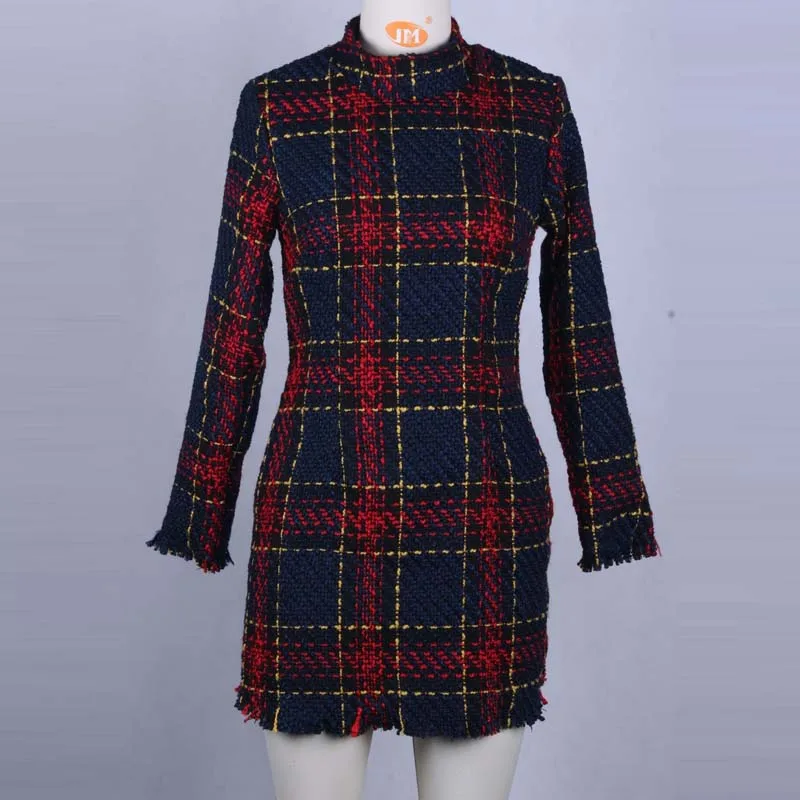 Сексуальное короткое платье для женщин Осень-зима клетчатое длинный рукав мини