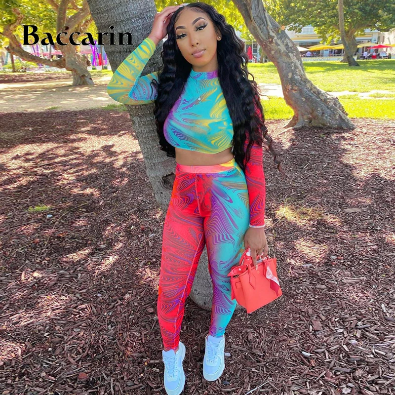 

tie dye women two piece crop top long sleeve leggings set stretchy streetwear 2020 autumn winter workout matching outfit