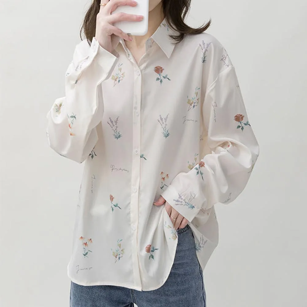 

2021 Spring And Autumn New Korean Design Sense Niche Personality Floral Blouse Temperament Lapel Long Sleeve Shirt Women