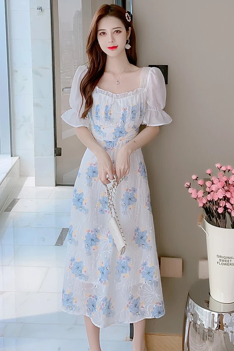 

COIGARSAM Patchwork Women dress Summer Short Sleeve Embroidery Backless Belt Mesh High Waist Dresses 8371