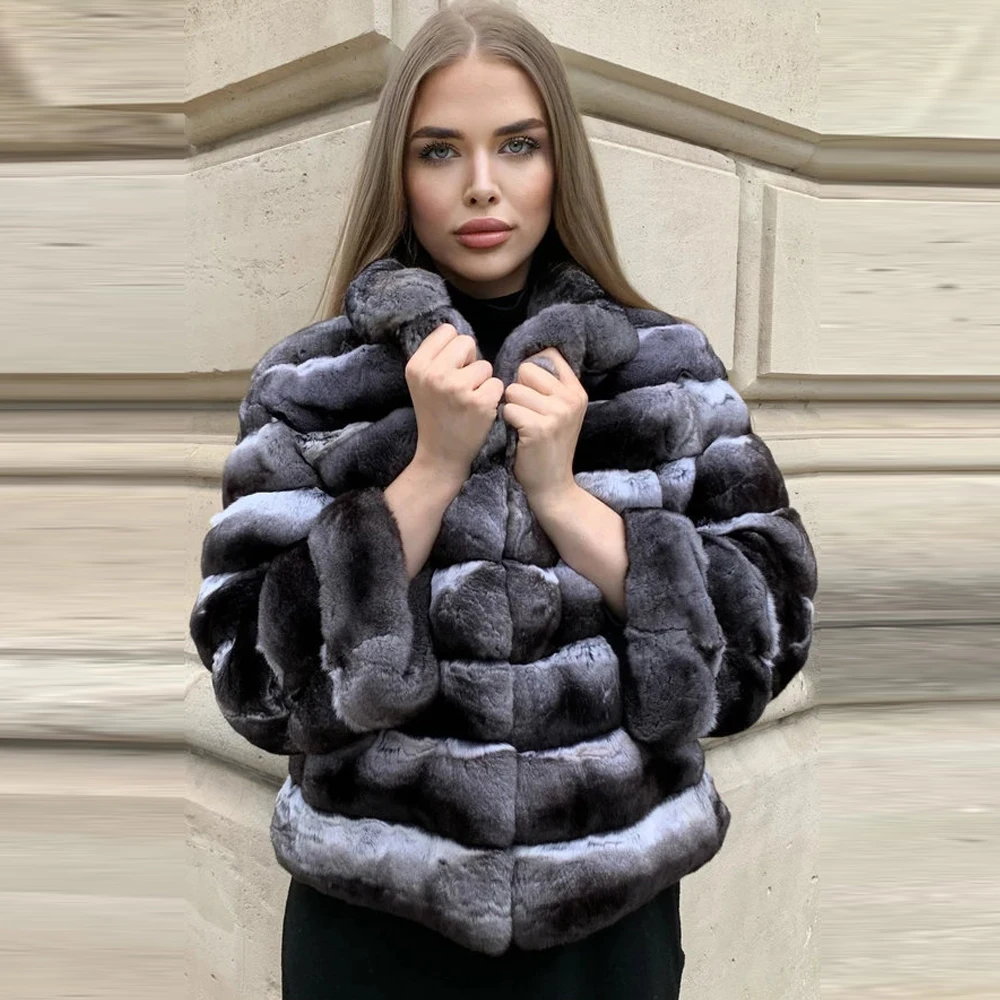 Women Fashion Rex Rabbit Fur Jacket Natural Women 2022 New Stand Collar Long Sleeve Real Rex Rabbit Fur Coats Outwear Female