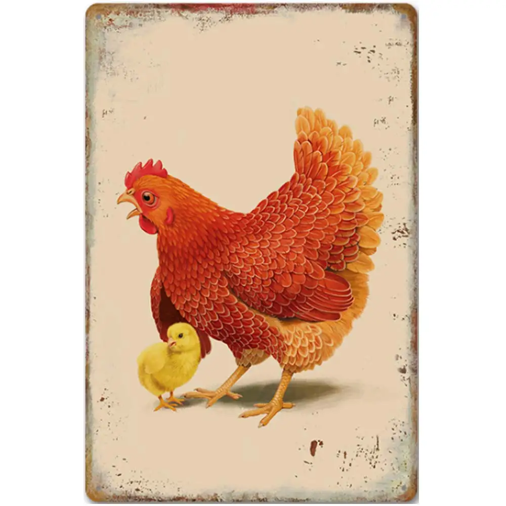 

Original Vintage Design Hen and Chicken Tin Metal Signs Wall Art | Thick Tinplate Print Poster Wall Decoration for