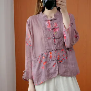 Женские винтажные рубашки в китайском стиле из хлопка и льна, новинка 2020, осенняя Женская Повседневная Свободная блузка с длинным рукавом и цветочным принтом, топы S1651