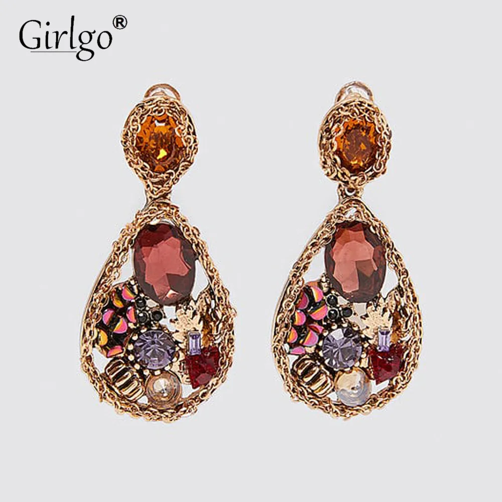 Girlgo Za капли слез из камня висячие серьги Макси красочные блестящие хрустальные Brincos этнические Цветочные эффектные сережки; ювелирные изделия