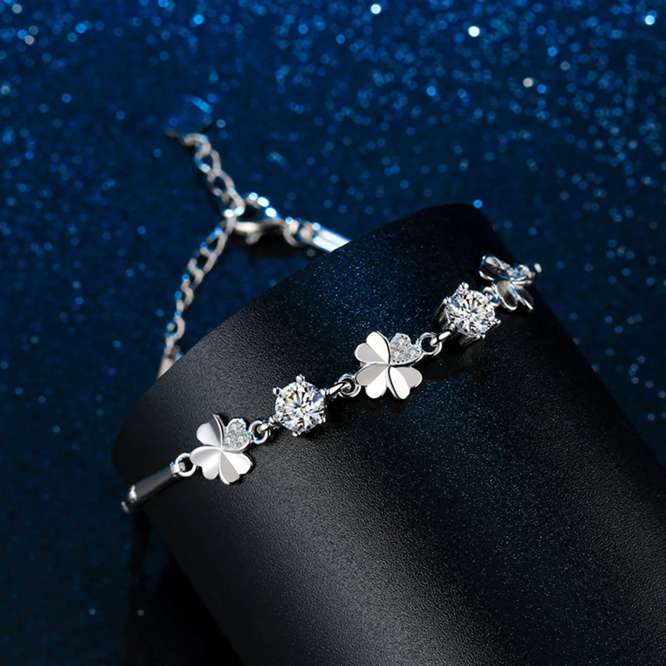 Роскошный браслет "Четырехлистный клевер" из подлинного серебра 925 с моиссанитом для женщин, прошедший тест на алмазную подделку.