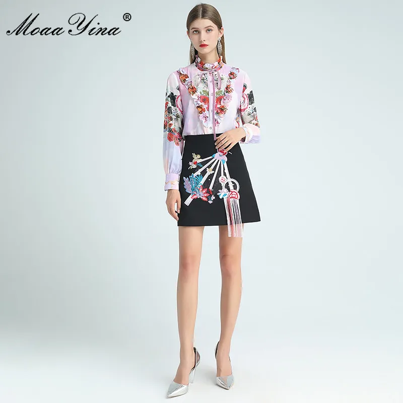 

MoaaYina Fashion Designer Set Autumn Women Long Sleeve Ruffles Floral Print Blouses Tops+Embroidery Tassel Skirts Two-piece set