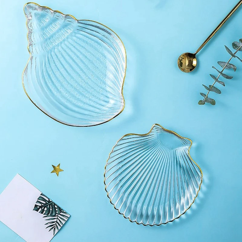 

Nordic Golden Rim Glass Plate Ocean Series Scallop Plate Jewelry Storage Plate Creative Salad Plate Dessert Plate