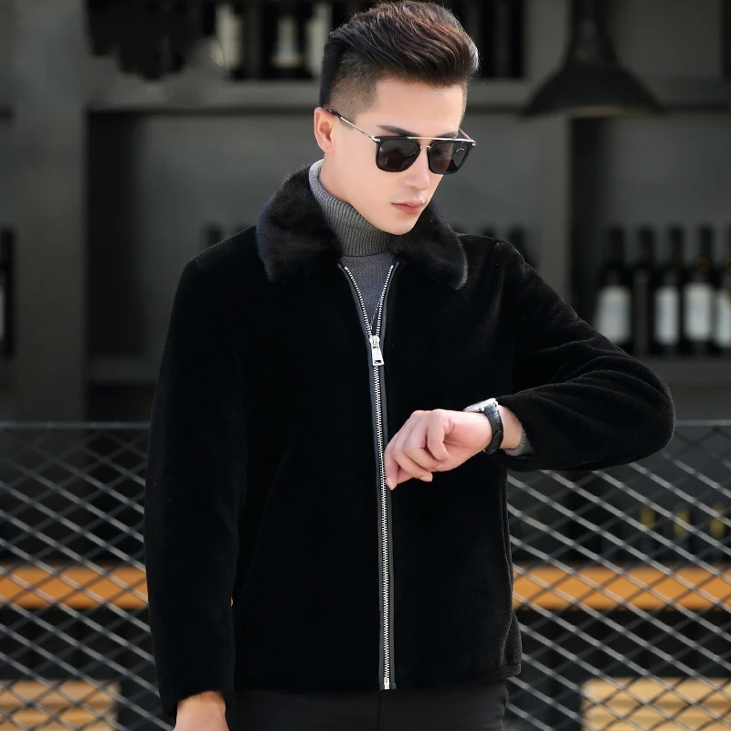 

Fur Coat Men's Short Autumn Winter Jacket Men Sheep Shearing Wool Coat Real Fur Jackets Mink Fur Collar HT9805 KJ2632