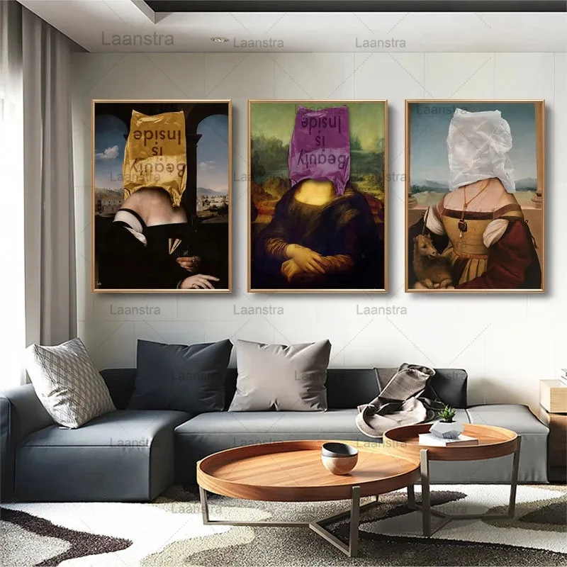 

Mona Lisa Funny Art Canvas Painting Beauty Is Inside Wall Art Posters and Prints Famous Da Vinci Art Pictures Living Room Decor