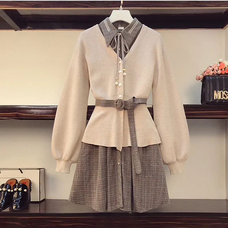 Винтажный клетчатый вязаный кардиган комплект из двух предметов женский