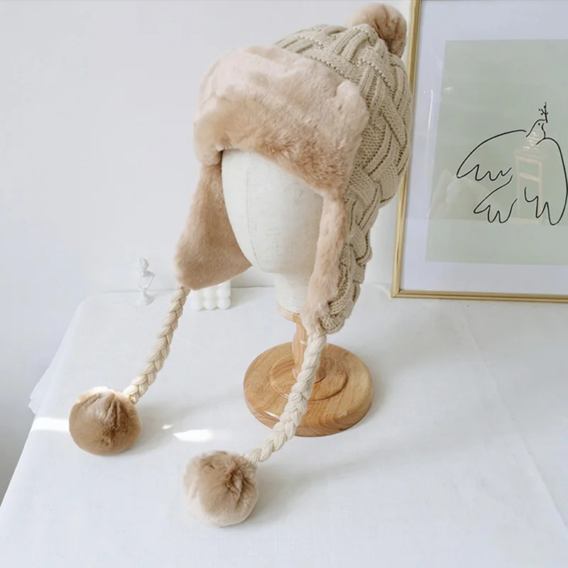 

2020 Winter Hats For Women Knitting Hat Snow Girls Thick Warm Ear Protector Bomber Caps Fur Hats Winter Beanie Hat Bonnet Cap