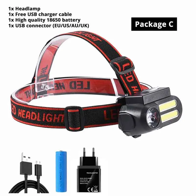 Package C Super Bright LED Headlamp COB Work Light 4 Lighting Mode Waterproof Headlight Powered By 18650 Battery Suit for Night Lighting - Испускаемый цвет: Package C