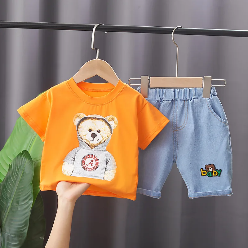

Toddler Boy Clothes Set Summer Cartoon Bear Short Sleeved T-shirts Tops + Denim Shorts Girls Outfits Kids Fashion Tracksuits