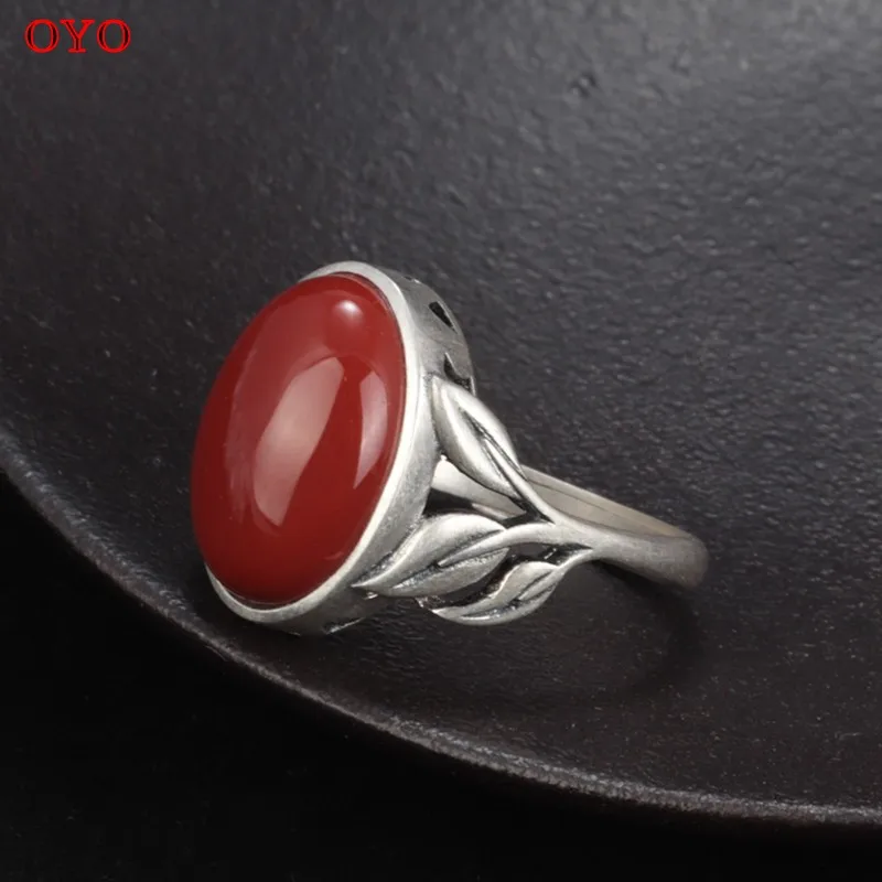 

100% S925 sterling silver with round egg-shaped southern red agate ring female retro opening simple leaves