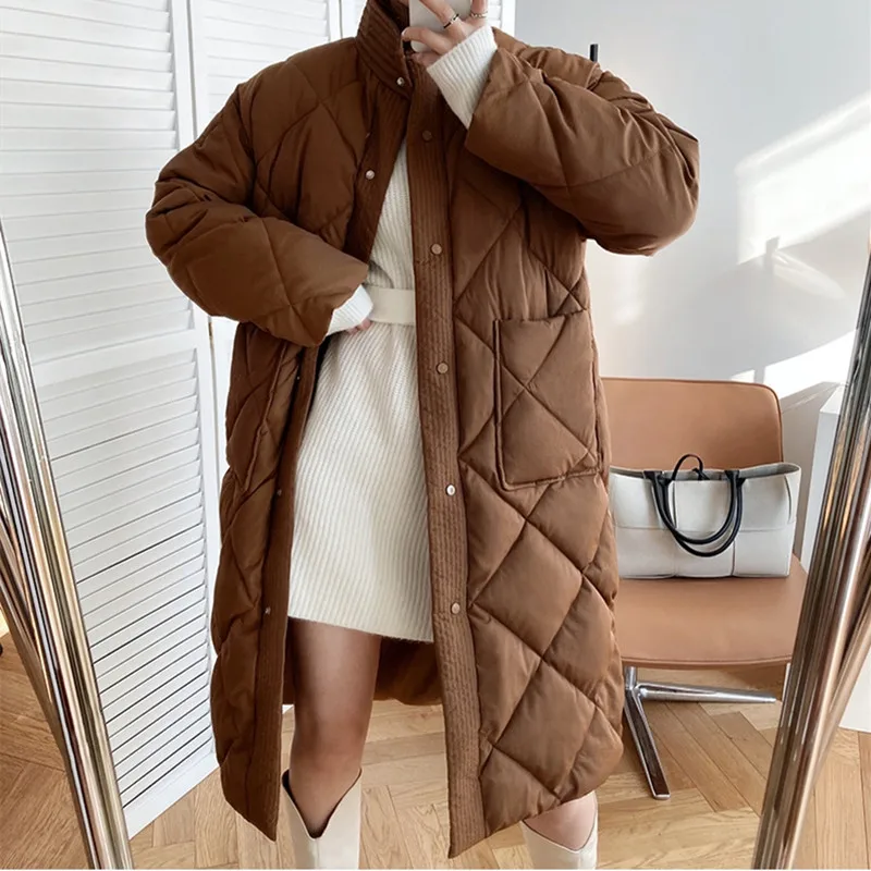 

HziriP New Winter Jacket Women OL Minimalist Single Breasted Cotton Padded Solid Warm Female Oversized Long Parkas Basic Coat