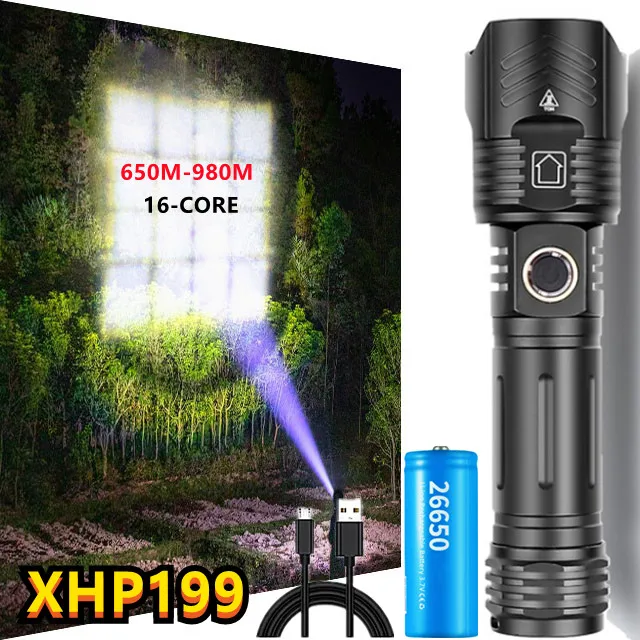 

NEW Upgrade Powerful Flashlight 16 Core XHP199 Lamp Waterproof IPX6 Zoom Torch 5Modes USB Rechargeable Lamp Use 26650 Batteries