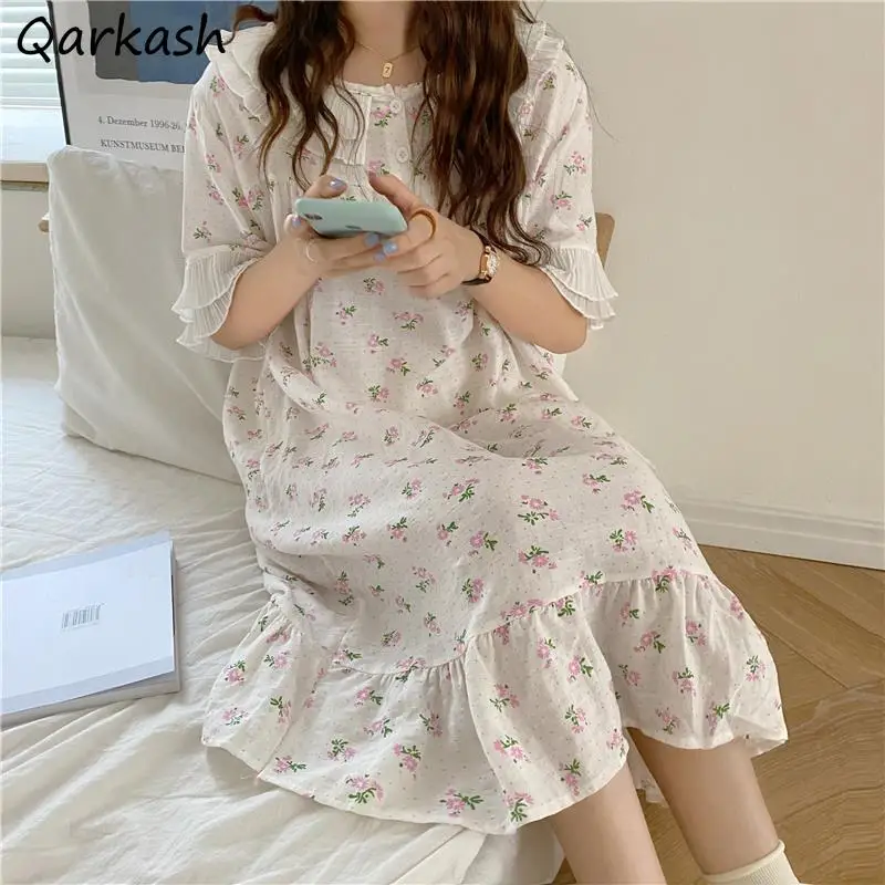 

Ночнушки женские в стиле Харадзюку, домашняя одежда с цветочным принтом, милые трендовые уютные до середины икры для студентов, Элегантные ...