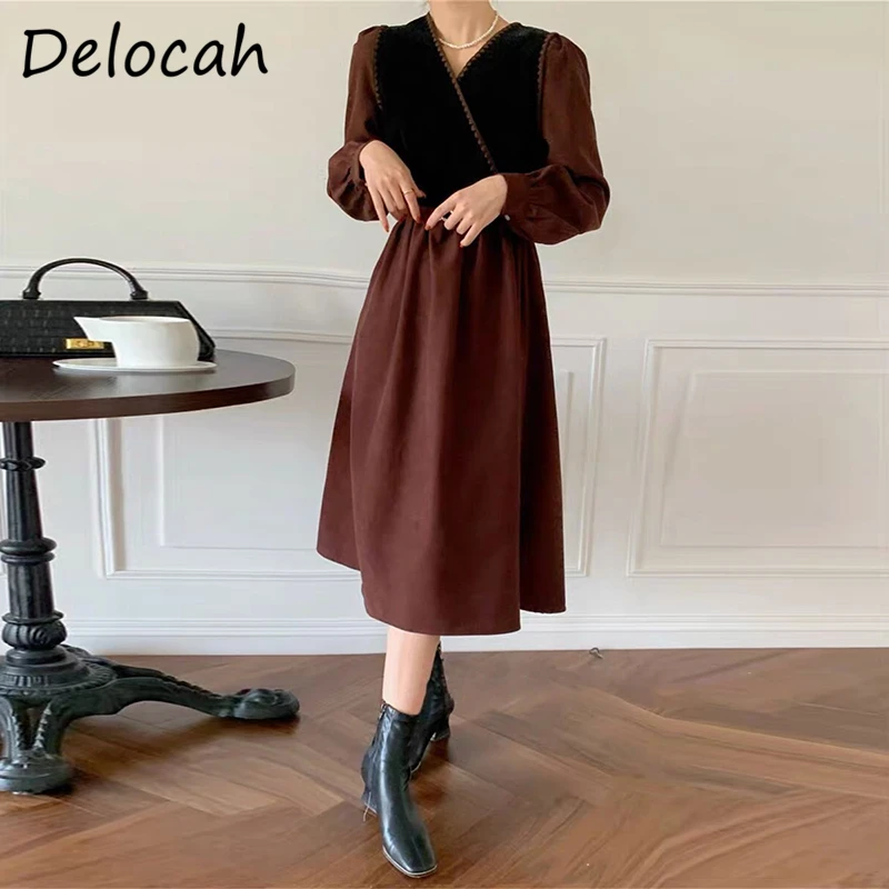 

Delocah новые 2021 осенние модные дизайнерские качественные женские вечерние миди платье с рукавами-фонариками пояса элегантная женская трапец...